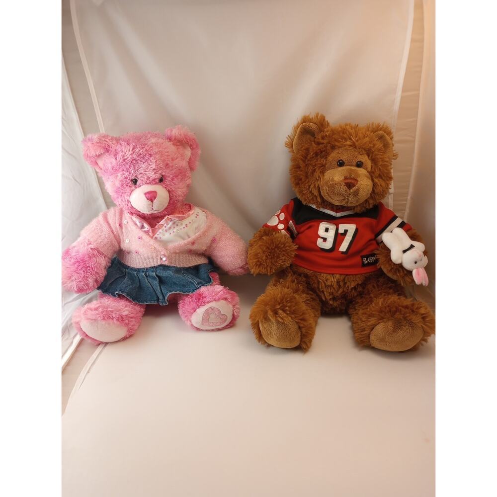 Build A Bear Pink Teddy Bear Plush 16” & Brown Bear With Build A Bear Outfits On